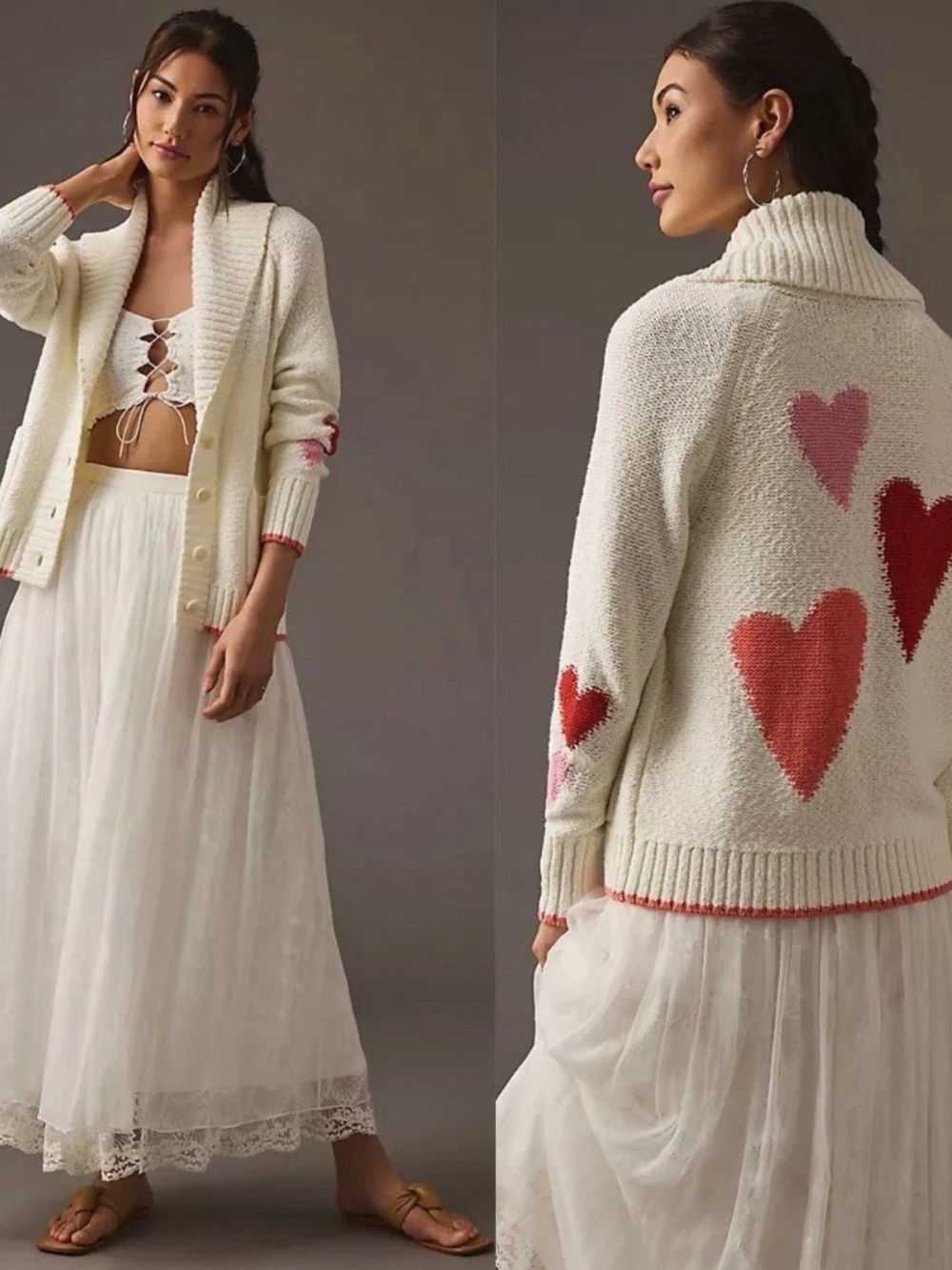 Anthropologie Maeve Heart Motif Cardigan Shawl Chucky Knit Sweater Size Small